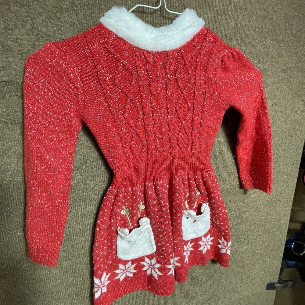 Little Lass 3T Red‎ Christmas Knit Dress Reindeer Pockets Nordic Fair Isle Cable